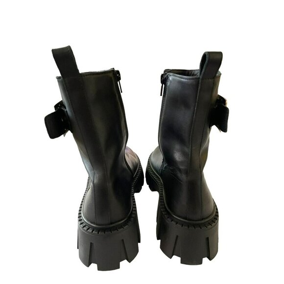 Steve Madden Sameera Black Leather Combat Lug Boots Gold Buckle Sz 9 NEW - Picture 4 of 8